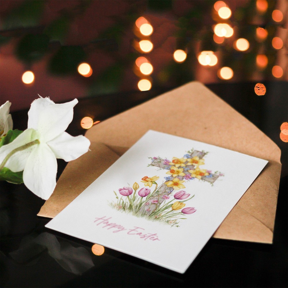 Happy Easter Greeting Card – Spring Flower Cross Design, Blank Inside