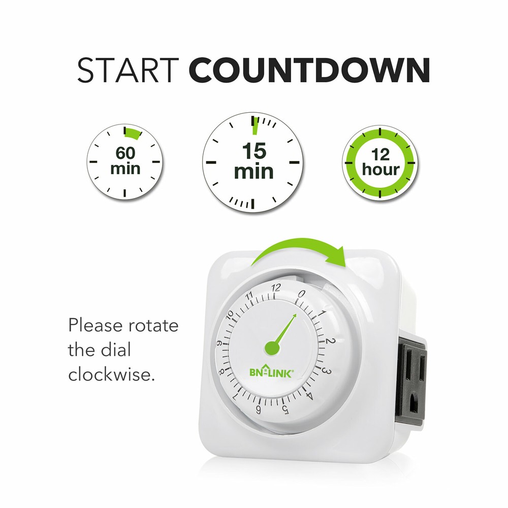 BN-LINK 12 hour mechanical countdown Grounded timer 3 Prong outlet Energy Saving