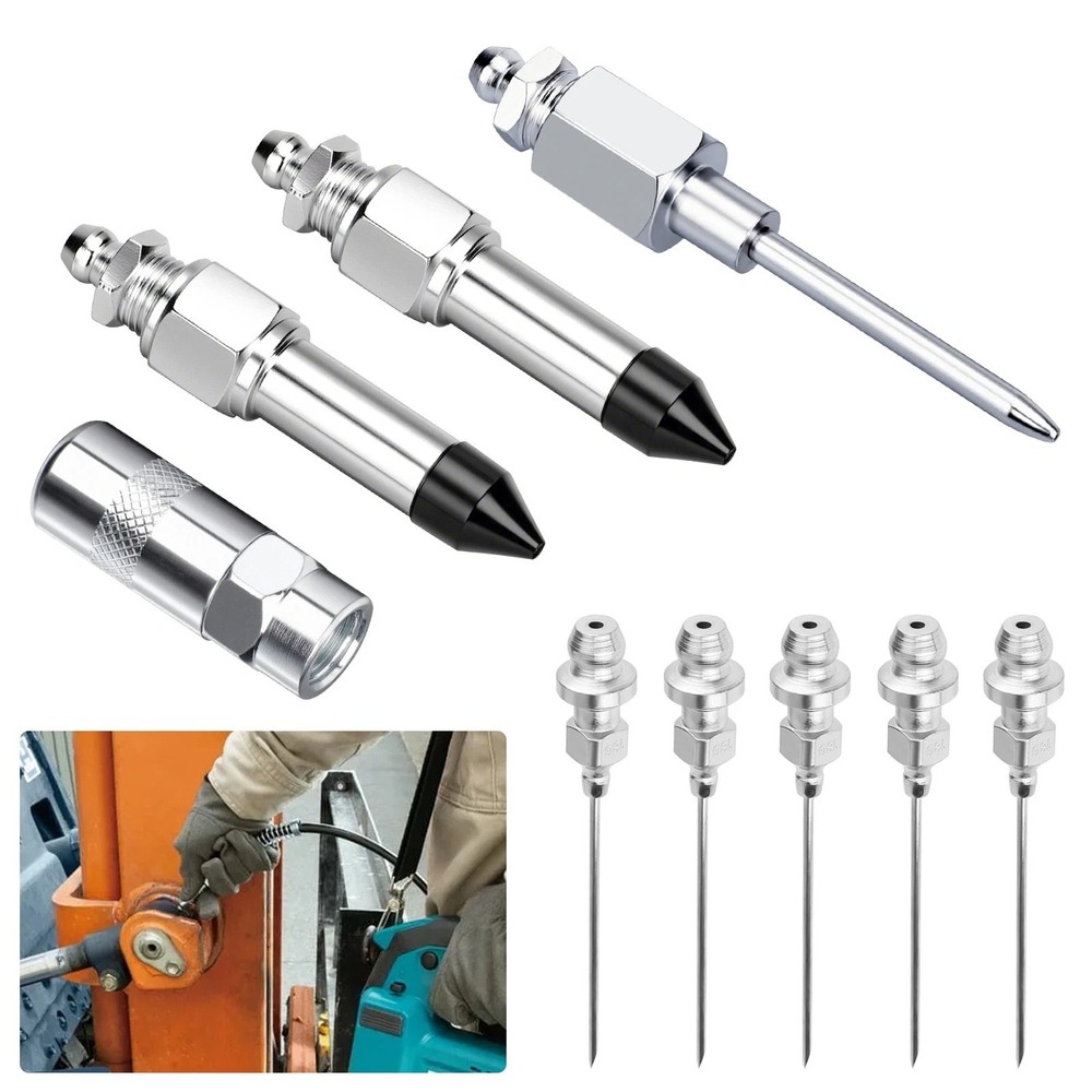 Complete Grease Injector Needle Nozzle Kit with Rubber Adapter Tool 9Pcs Set
