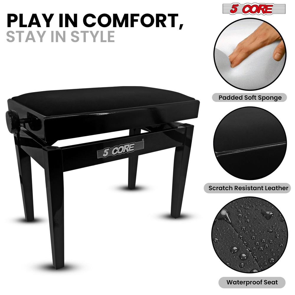 5 Core Adjustable Piano Bench Thick Padded Solid Wood Keyboard Stool Heavy Duty