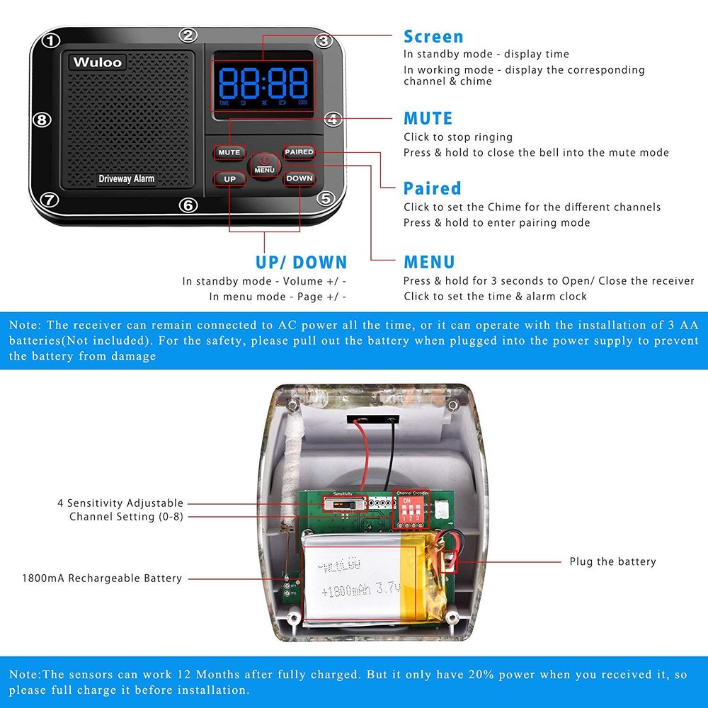 Solar Driveway Alarms Wireless Motion Sensor System 1800ft Long Range Waterproof