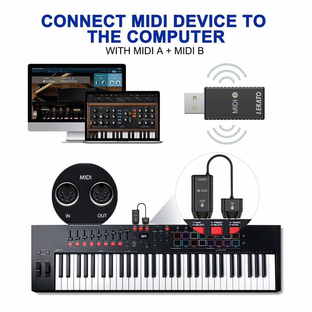 LEKATO Wireless MIDI Adapter Wireless 5 PIN USB MIDI Interface Ultra Low Latency
