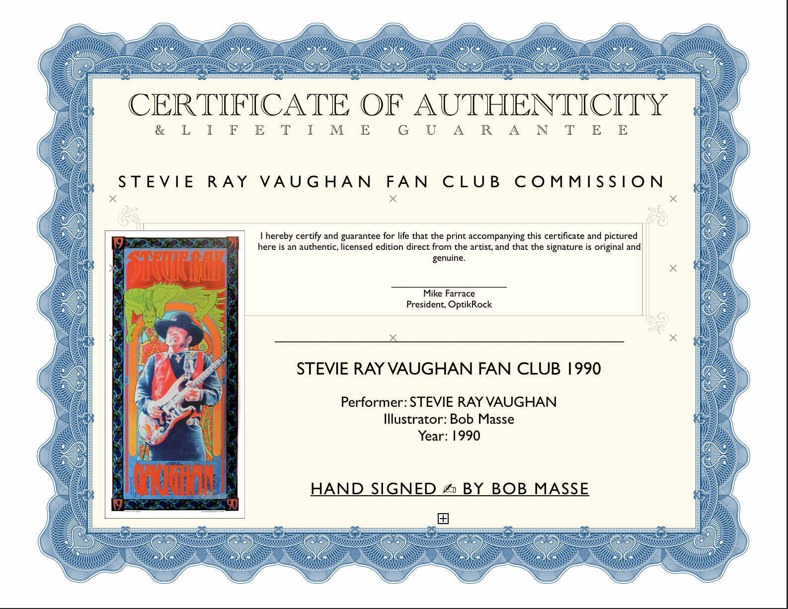 Stevie Ray Vaughan Poster 1990 Artist Edition Hand-Signed Bob Masse includes COA