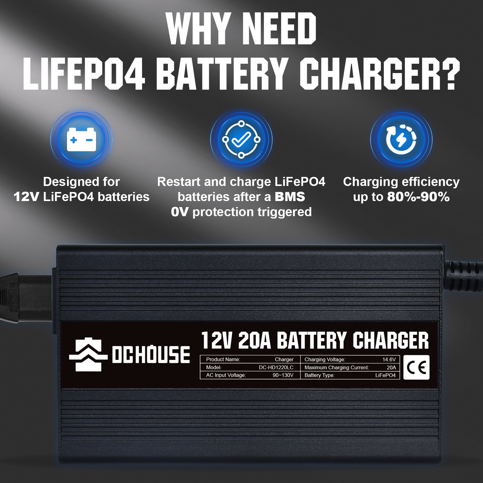 12V 14.6V 4A 10A 20A Lithium Iron Phosphate (LiFePO4) Battery Smart Charger