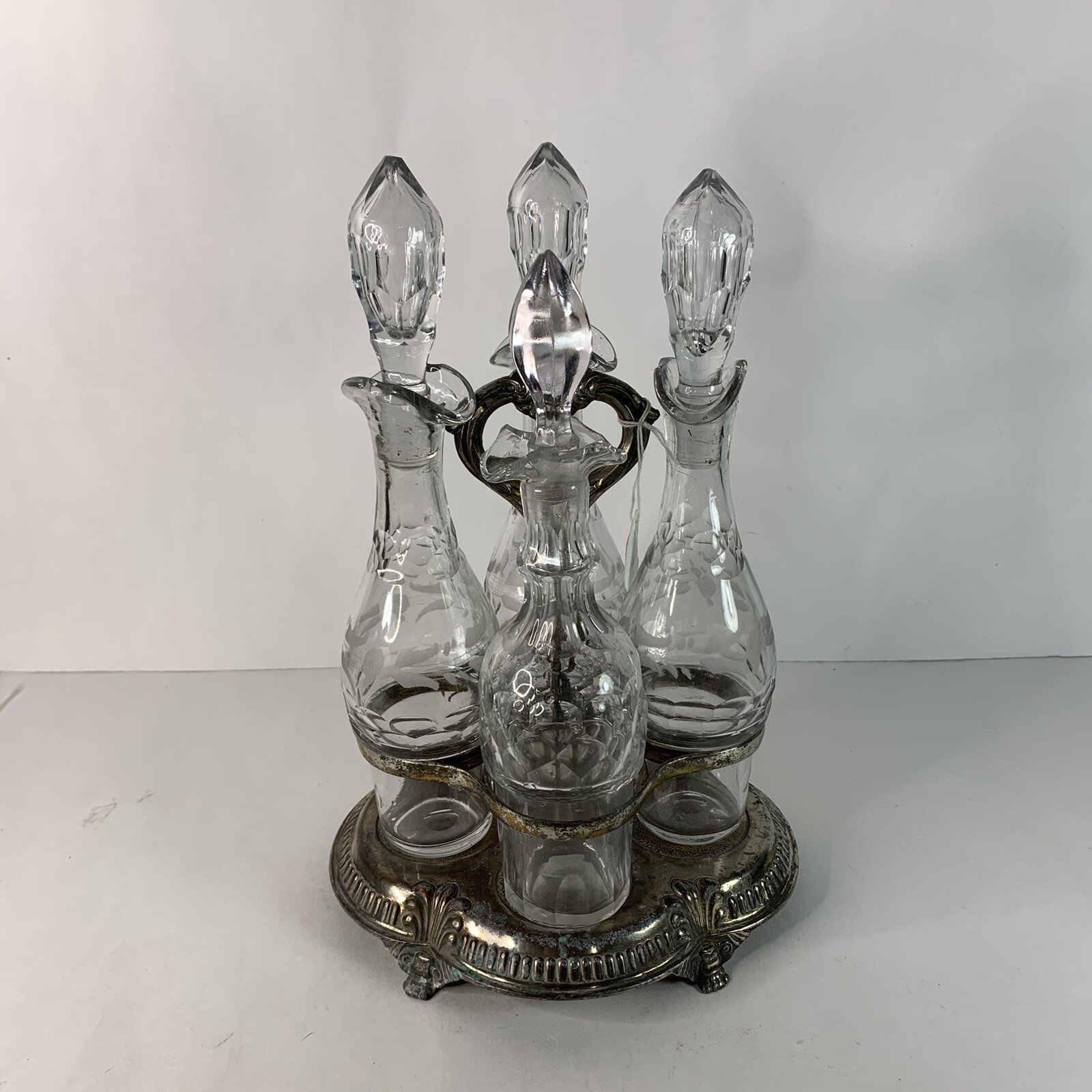 Antique Victorian Silver Plated Cruet Condiment Set Caddy Etched Glass Server