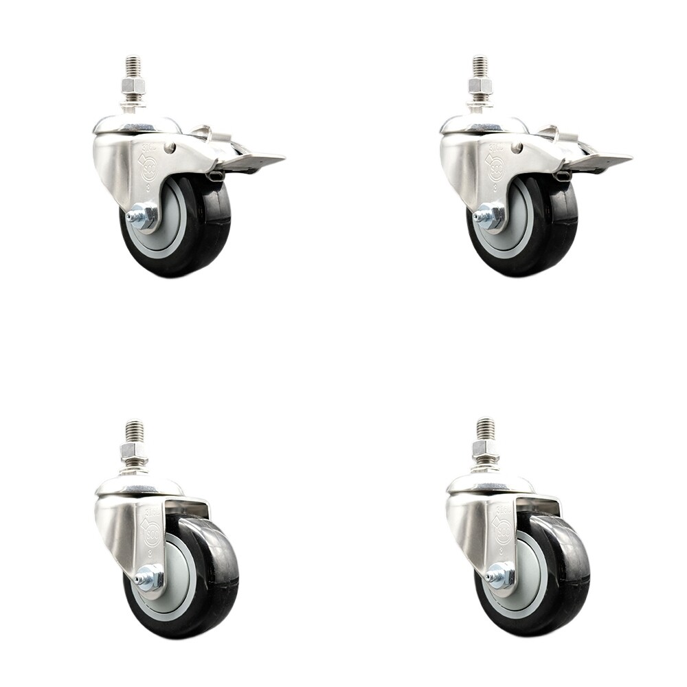 3 Inch 316SS Black Polyurethane 10mm Threaded Stem Caster Set 2 Lock Brake