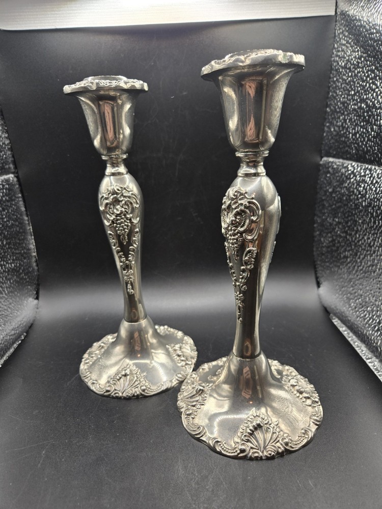 GODINGER Silver Art Co. 8" Candlestick Set Pair Baroque Grape Pattern