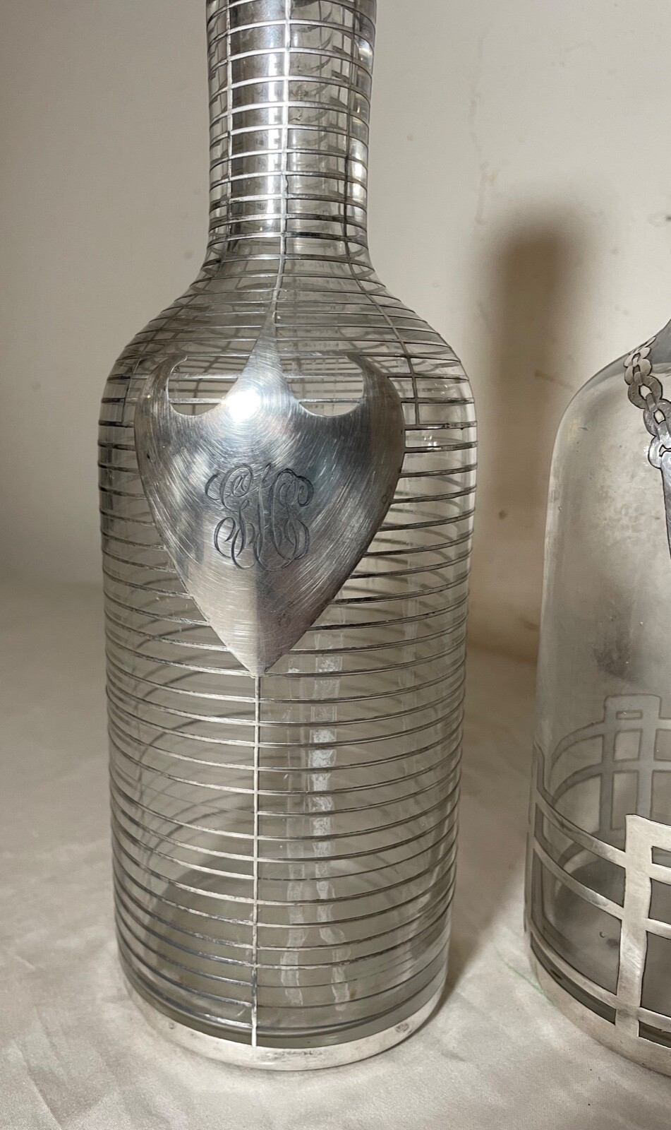 pair antique ornate sterling silver overlay glass liquor claret decanter bottle