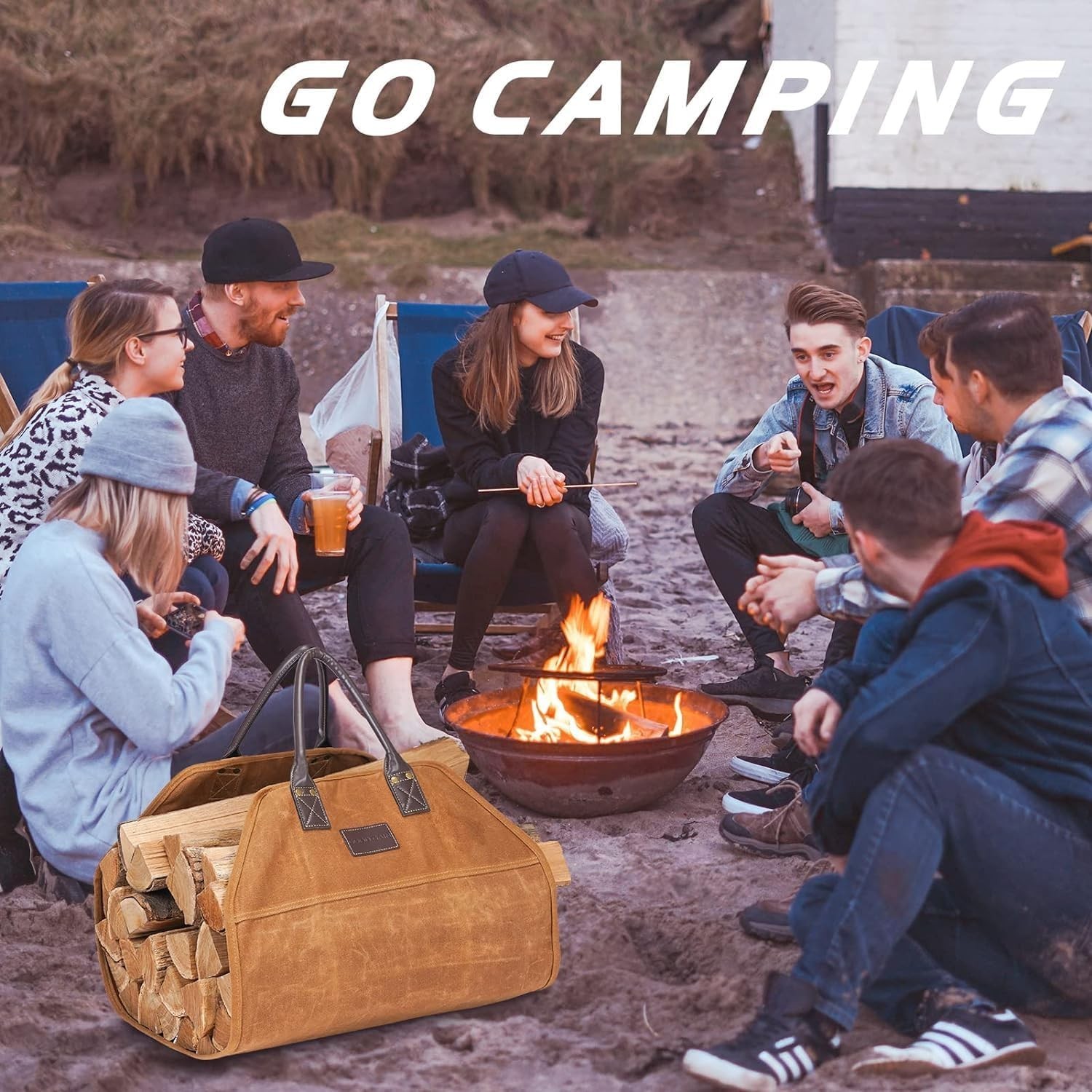 Firewood Carrier Waxed Canvas with Leather Handles, Wood Carrier for Firewood