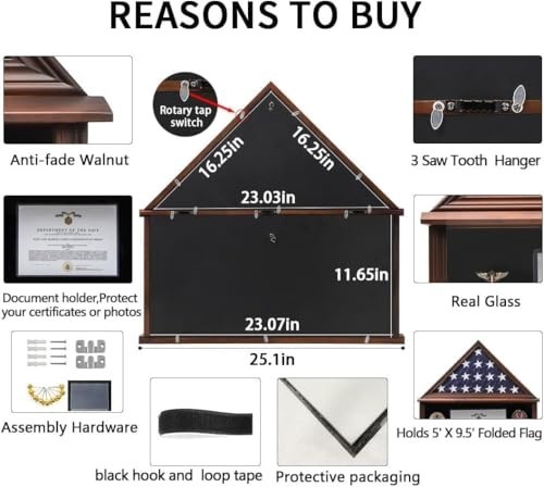 Large Solid Wood Burial Flag Case for 5x9.5 Military Flag & Certificate - Walnut