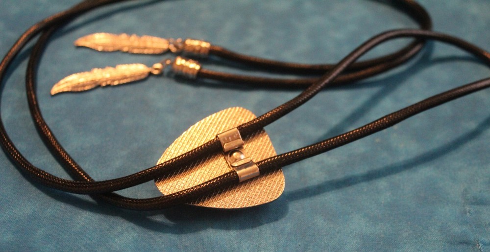 Blue/White Triangle Bolo Tie W/Silver Feather Tips