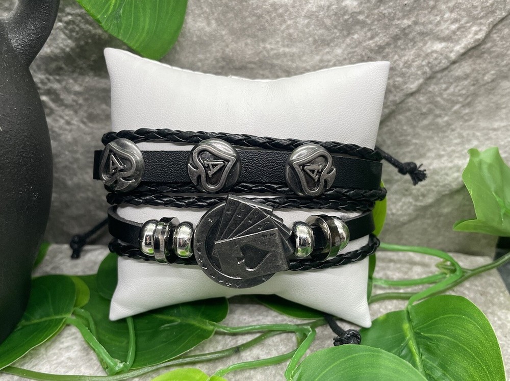 2 PC Leather Bracelet Stackable Adjustable Tie New Free Ship B2844
