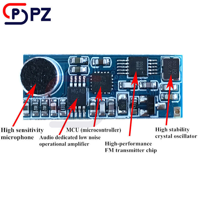 FM Wireless Microphone Transmitter Module 76-108MHz 100mW Adjustable Sensitivity