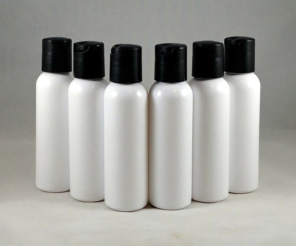White HDPE 2 oz Cosmo Round Plastic Bottles w Pump Spray or Cap, Mult Quantities