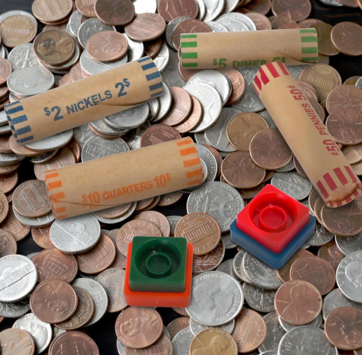 60 Assorted Coin Roll Wrappers Crimping Tool Set Color Coded for Quarters, Dimes