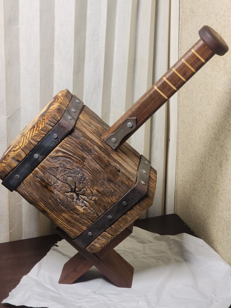 Thor's Hammer, Medieval Viking Solid Oak Head Walnut Handle With Display Stand