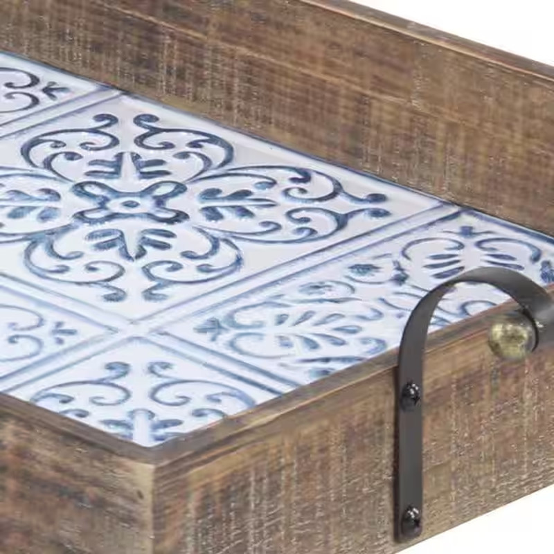 Brown Wood Decorative Tray with Tile Patterns (Set of 2)