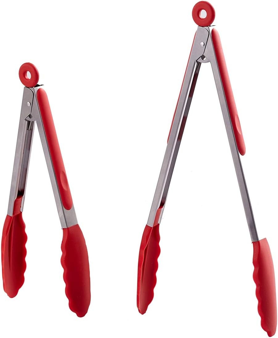 Kitchen Tongs Set of 2 – 9 inch & 12 – Stainless Steel Food Red