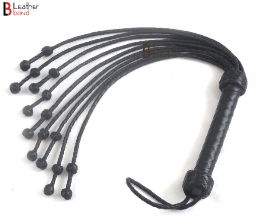 Real Cowhide Leather Flogger Cat O Nine Braided Falls With Double knots