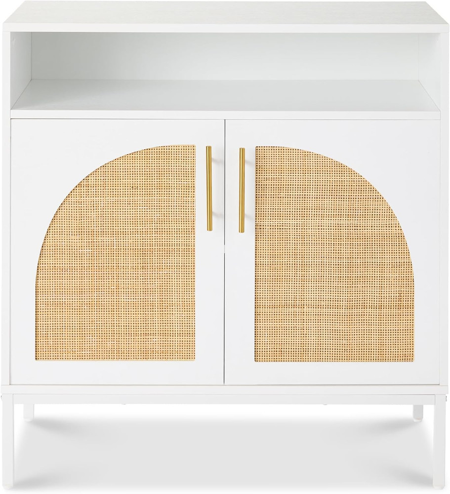 White Rattan Sideboard Buffet Cabinet - Stylish Accent Console Table