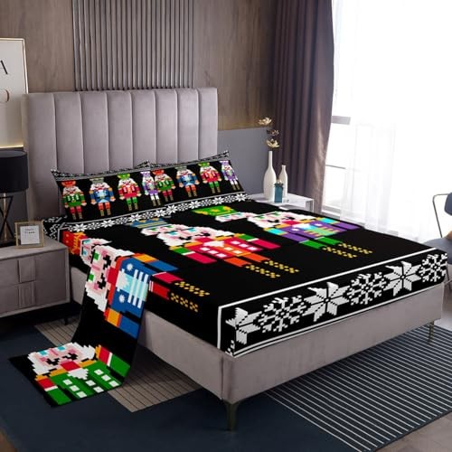 Nutcracker Bed Sheets Set Size, Retro Xmas Sheet Set for Kids King Multi 14