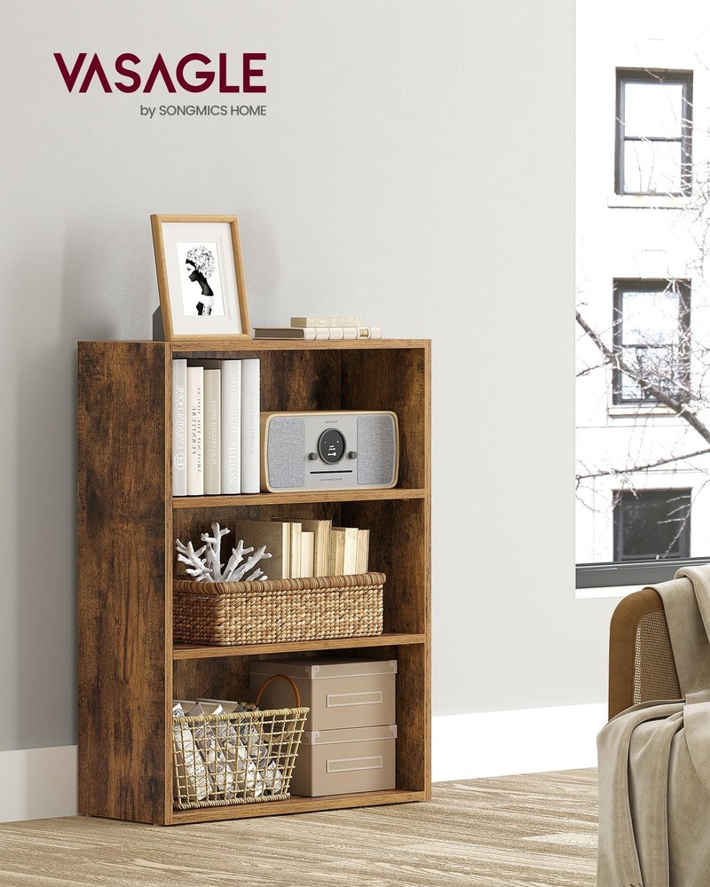 VASAGLE CUSTOS 3-Tier Bookcase Bookshelf Rustic Brown Open Storage Display Shelf