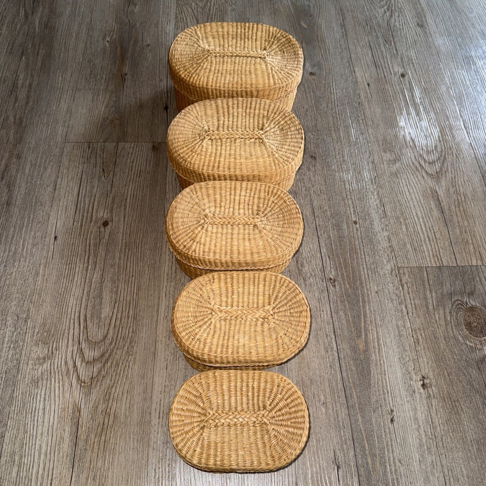 Vintage Nesting Basket Storage Trinket Box Set Oval w/Lids Sweetgrass Stackable