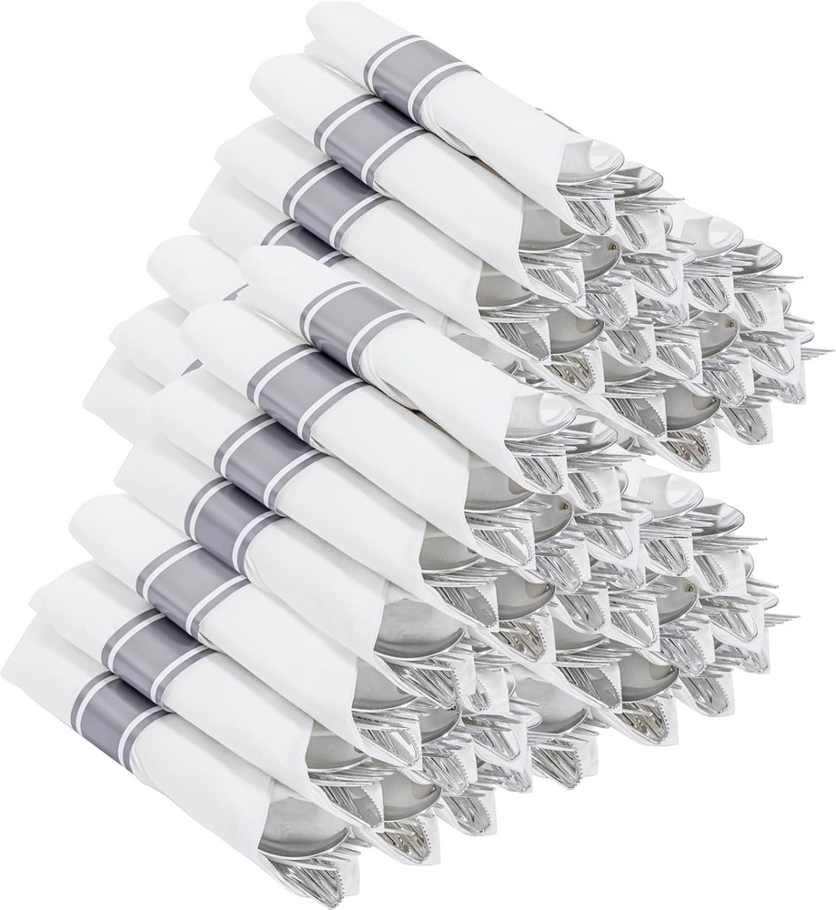 400PCS Pre Rolled Silver Plastic Silverware Sets - Heavy Duty Silver Cutlery ...