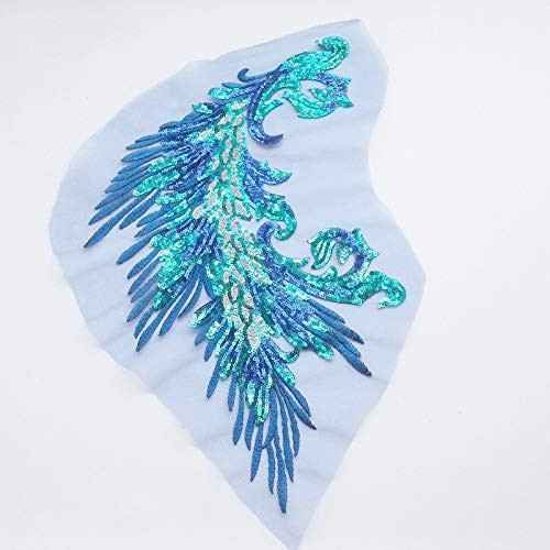 a Pair Sequins/Bead Embroidery Phoenix Peacock Feather Tail Applique Sewing