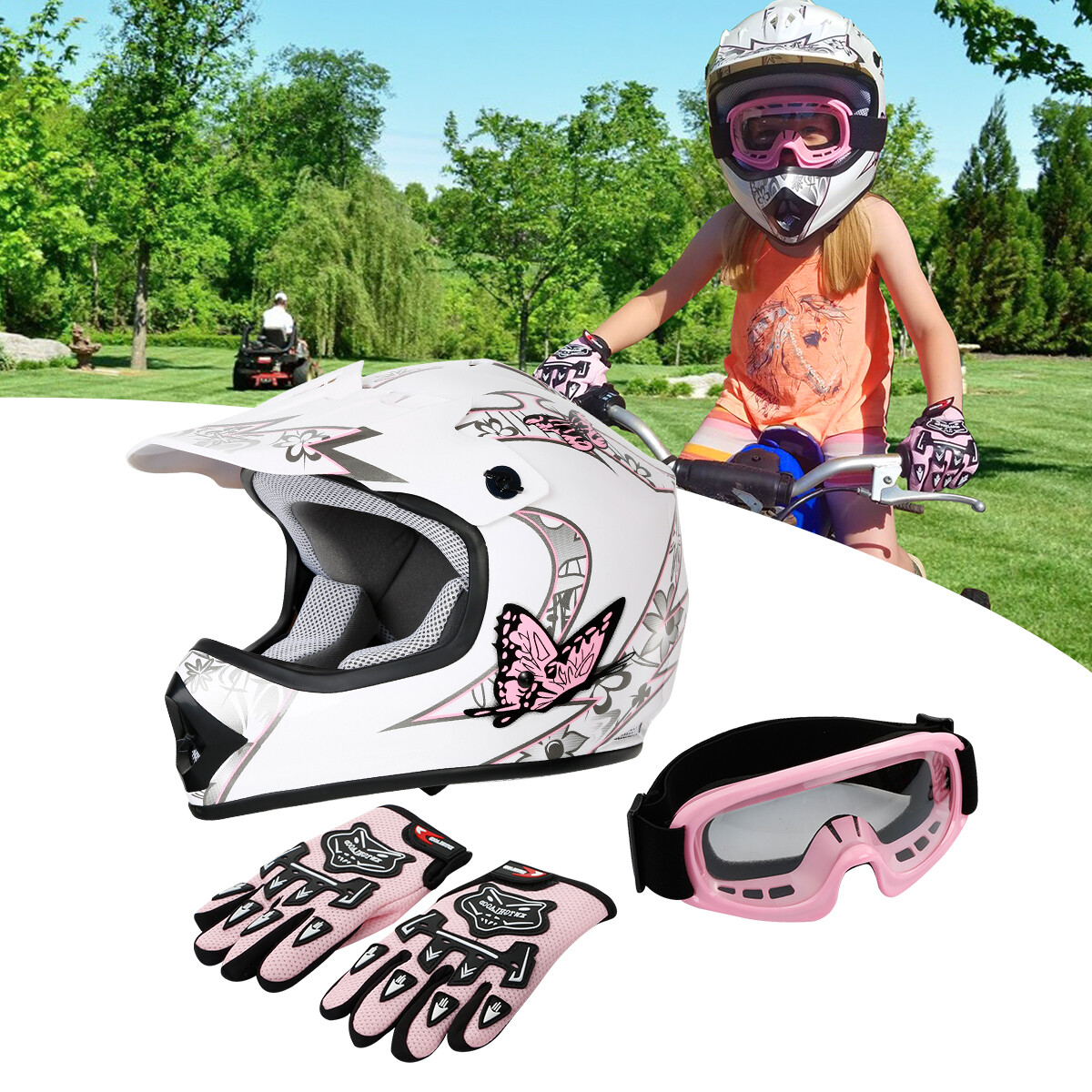 DOT Youth Kids Butterfly Dirt Bike Off Road ATV Helmet Motocross Goggles+Gloves