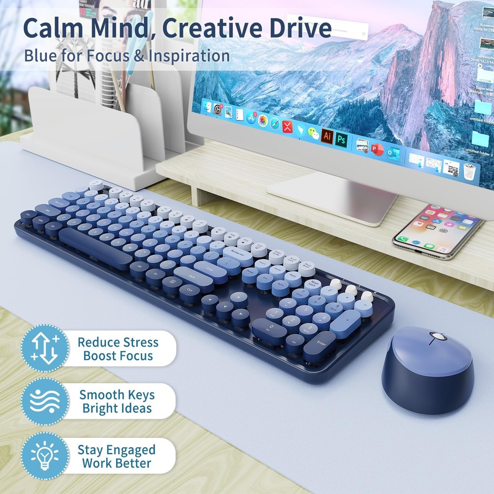 Wireless Keyboard and Mouse Combo, Retro Typewriter Keyboard with Round Keyca...