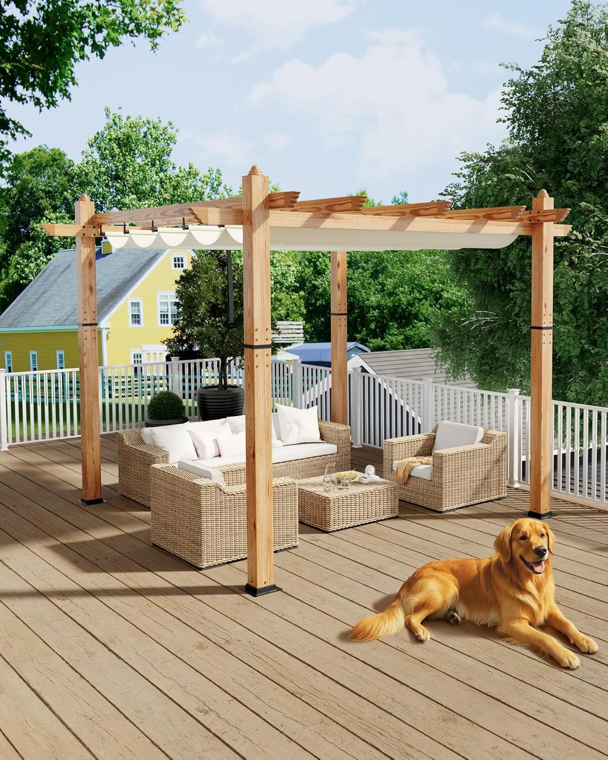 10 x 10 ft Wood-Grain Aluminum Pergola, Outdoor Pergola with Retractable Canopy