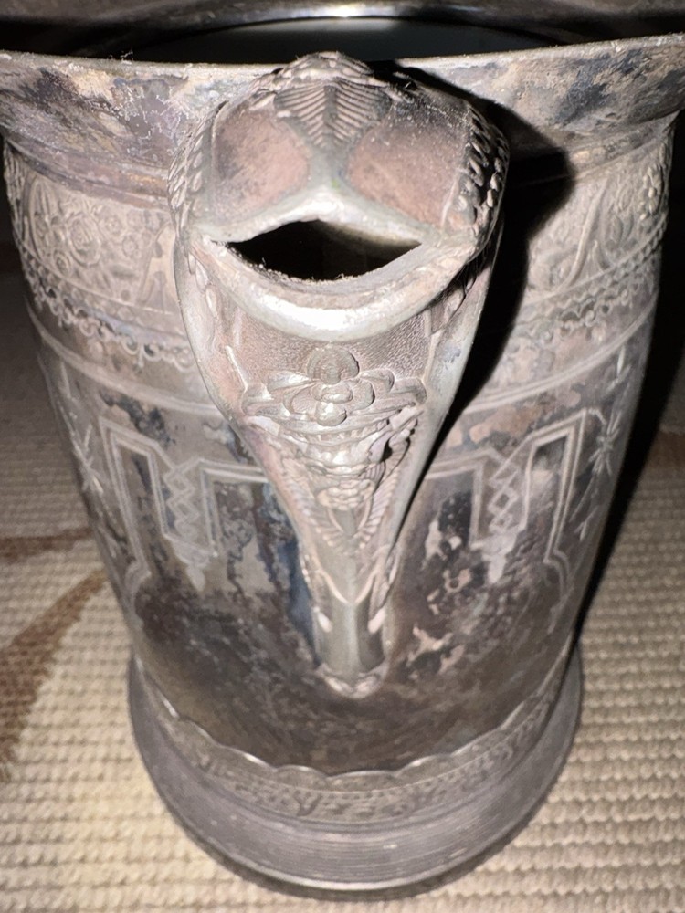 Victorian Silverplate Pitcher Ornate Floral Ceramic Lined Hinged Lid