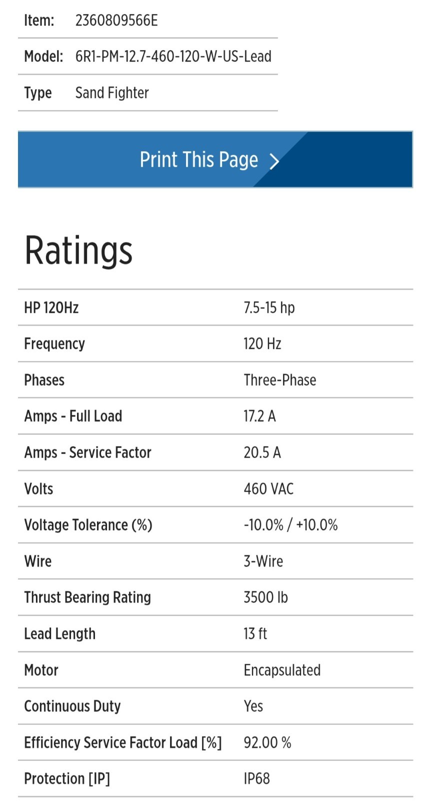 Franklin Electric 120 Hz 6" 7.5-15 HP 3-Ph 460-Volt 3-Wire Submersible Motor