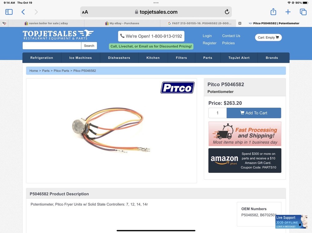 Pitco P5046582 Potentiometer, GO Module