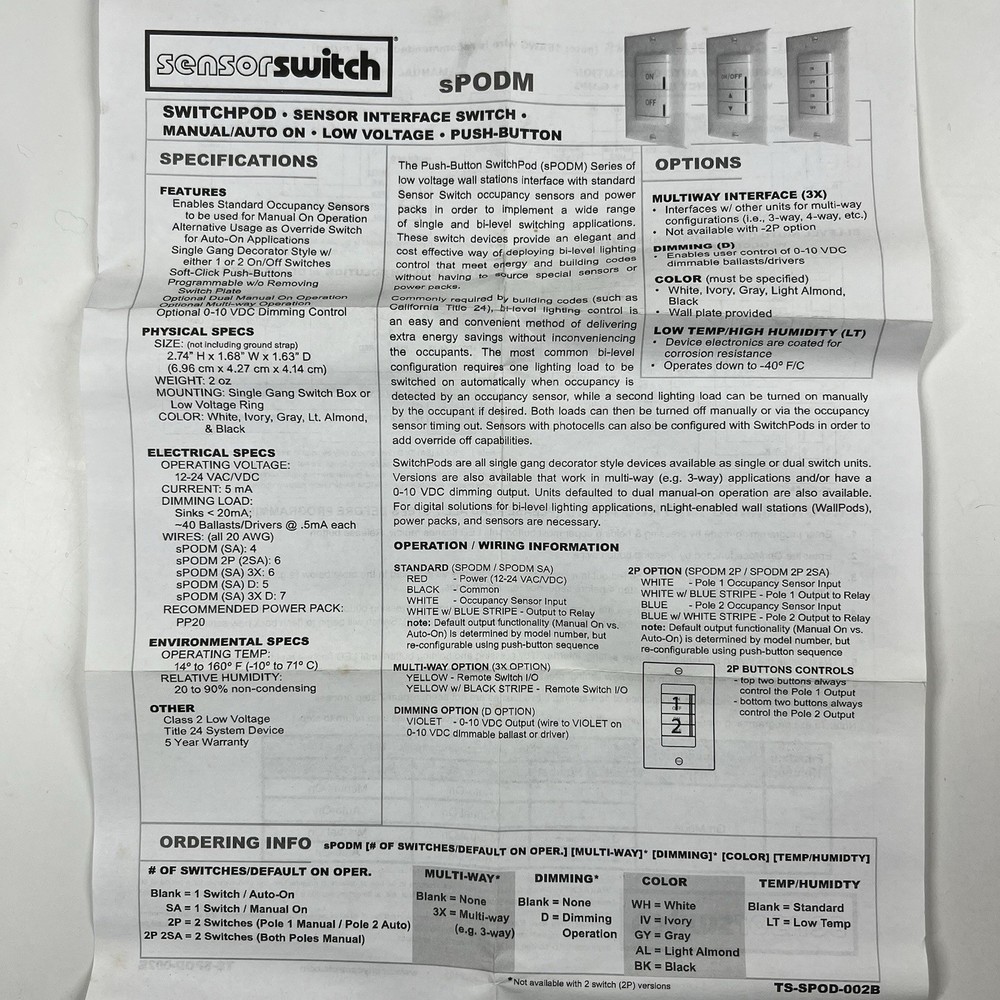 Acuity Controls Sensor Switch SPODM 2P 2SA AL Switchpod Interface Wall Station