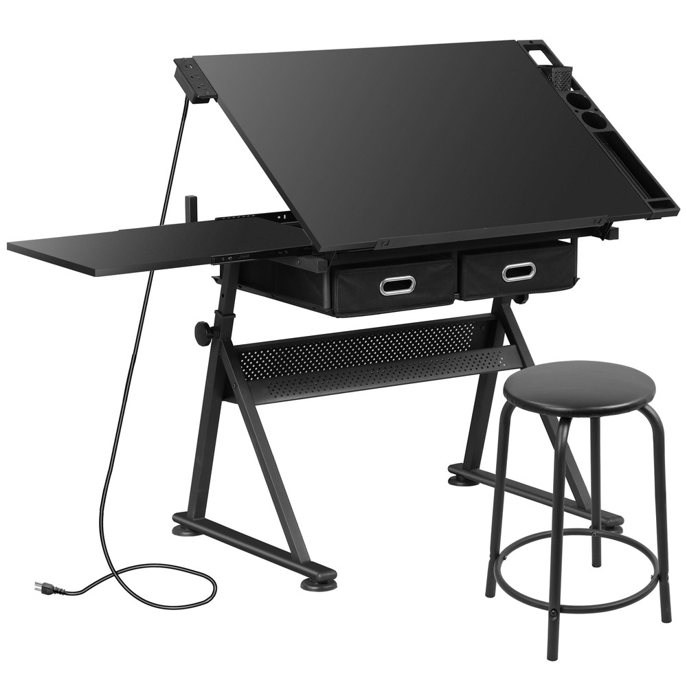 Adjustable Drafting Drawing Tiltable Table & Stool w/ 2 Drawers & Outlet Black