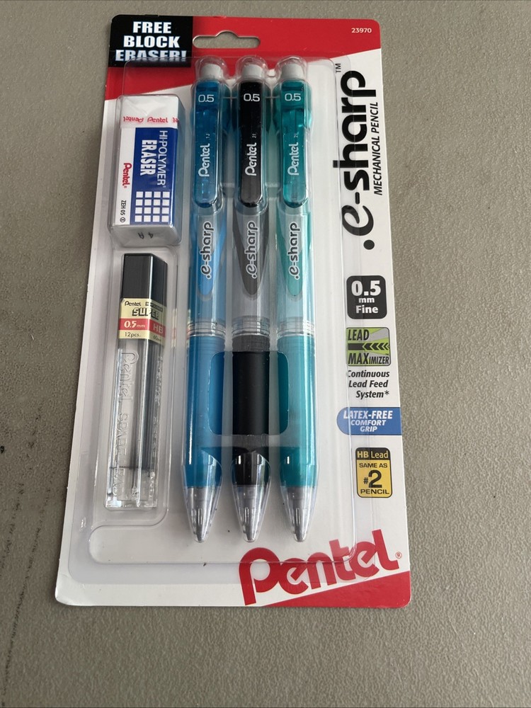 Pentel e-sharp 0.5 mm 3 Automatic Pencils, HB Lead, Eraser Set