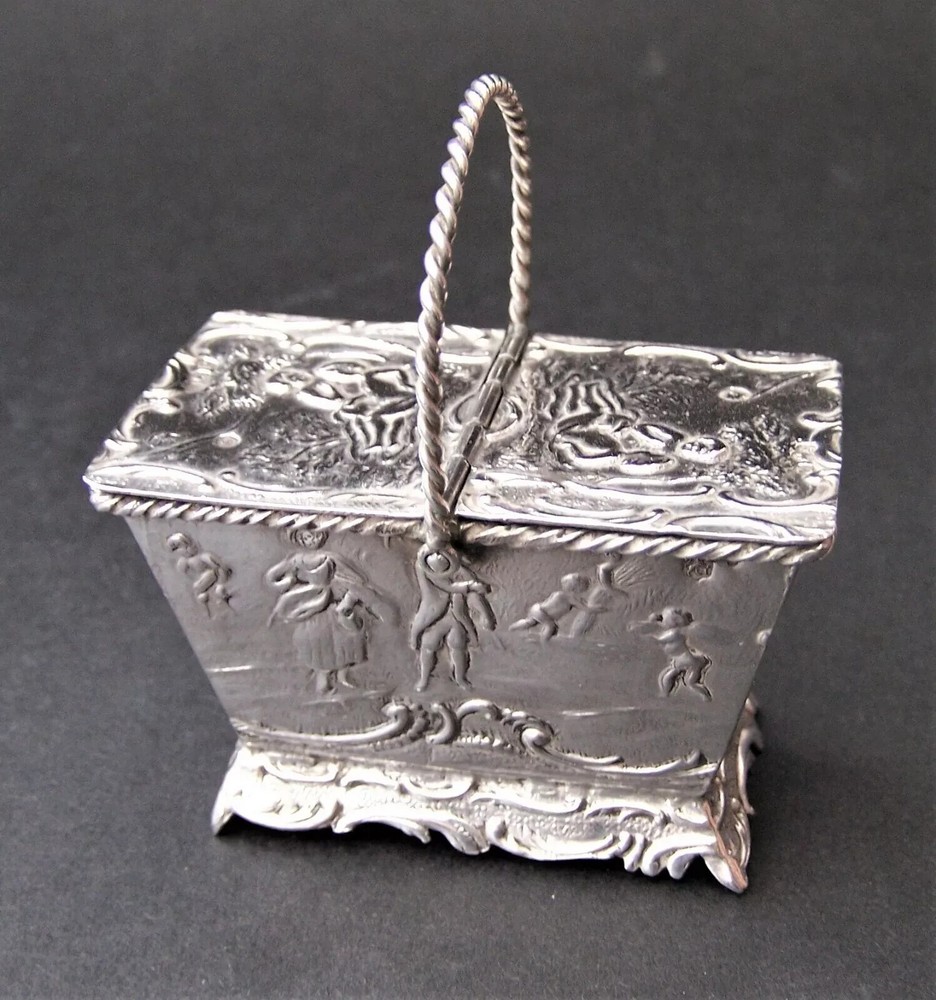 PRE-1888 SOLID SILVER HANAU MINIATURE SWING HANDLE BASKET .930 GRADE SILVER
