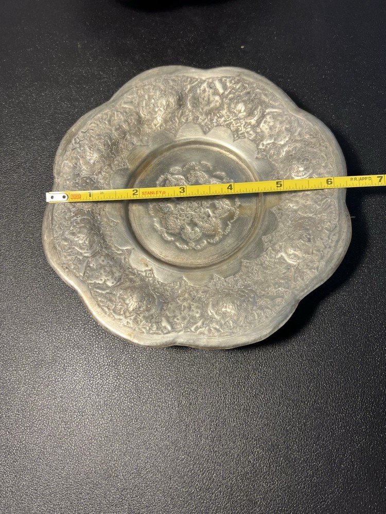 Middle Eastern Vintage 1940s Set Of 2 Silverplated Footed Repousse Plates, 6.5”