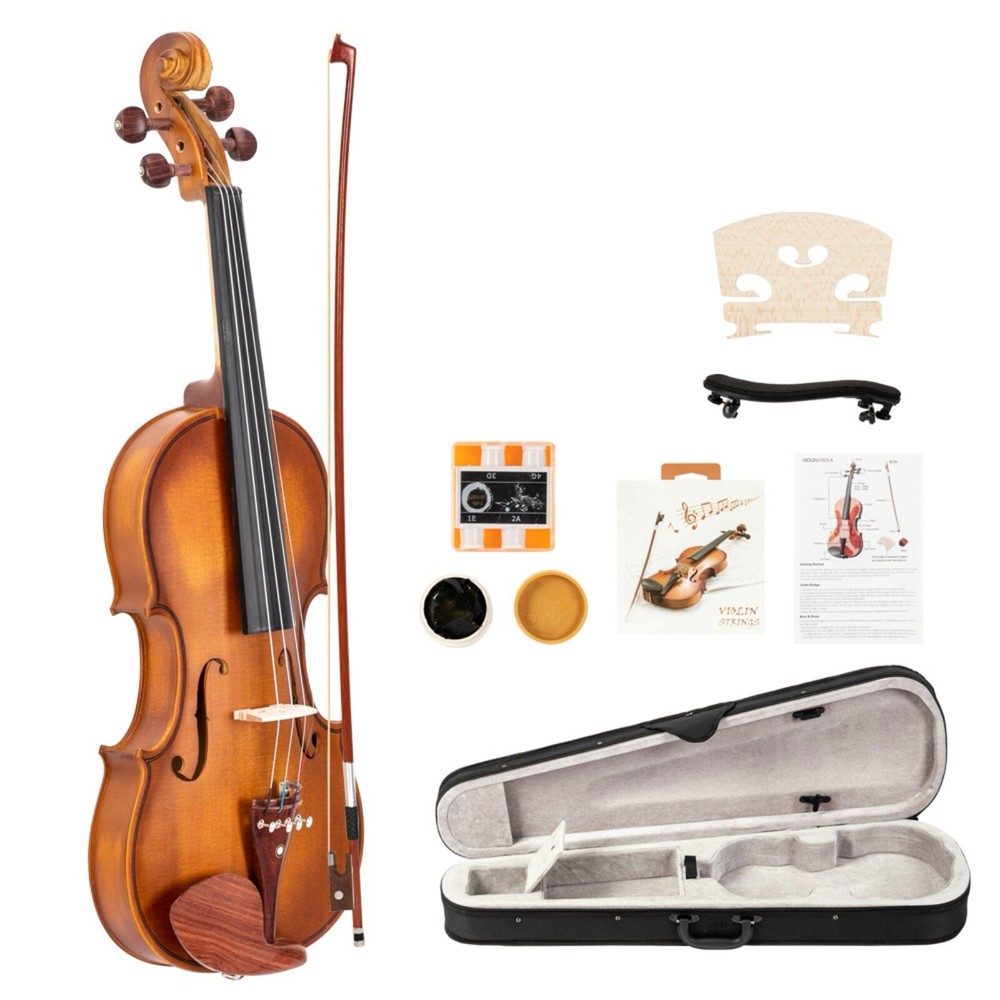 4/4 Solid Spruce Top Acoustic Beginner Violin Set - Shoulder Rest, Tuner, Matte