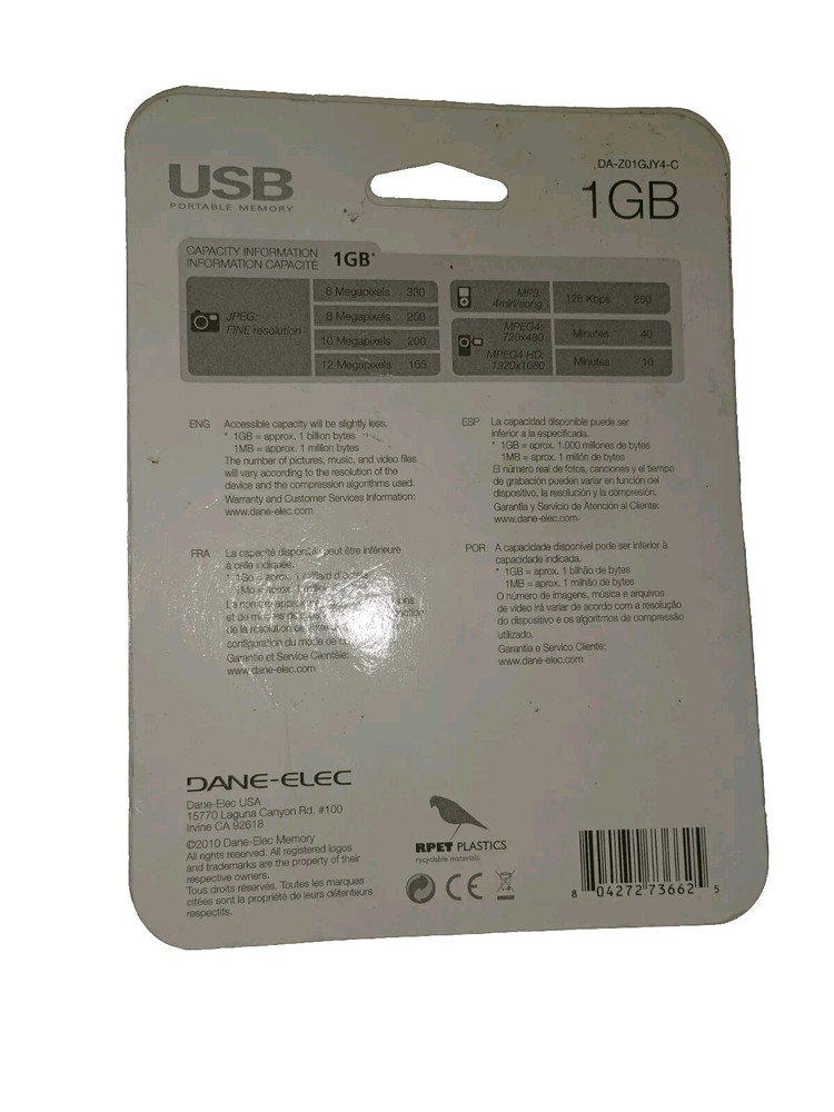 Dane Elec 1 GB USB Portable Memory New Sealed (ZE)
