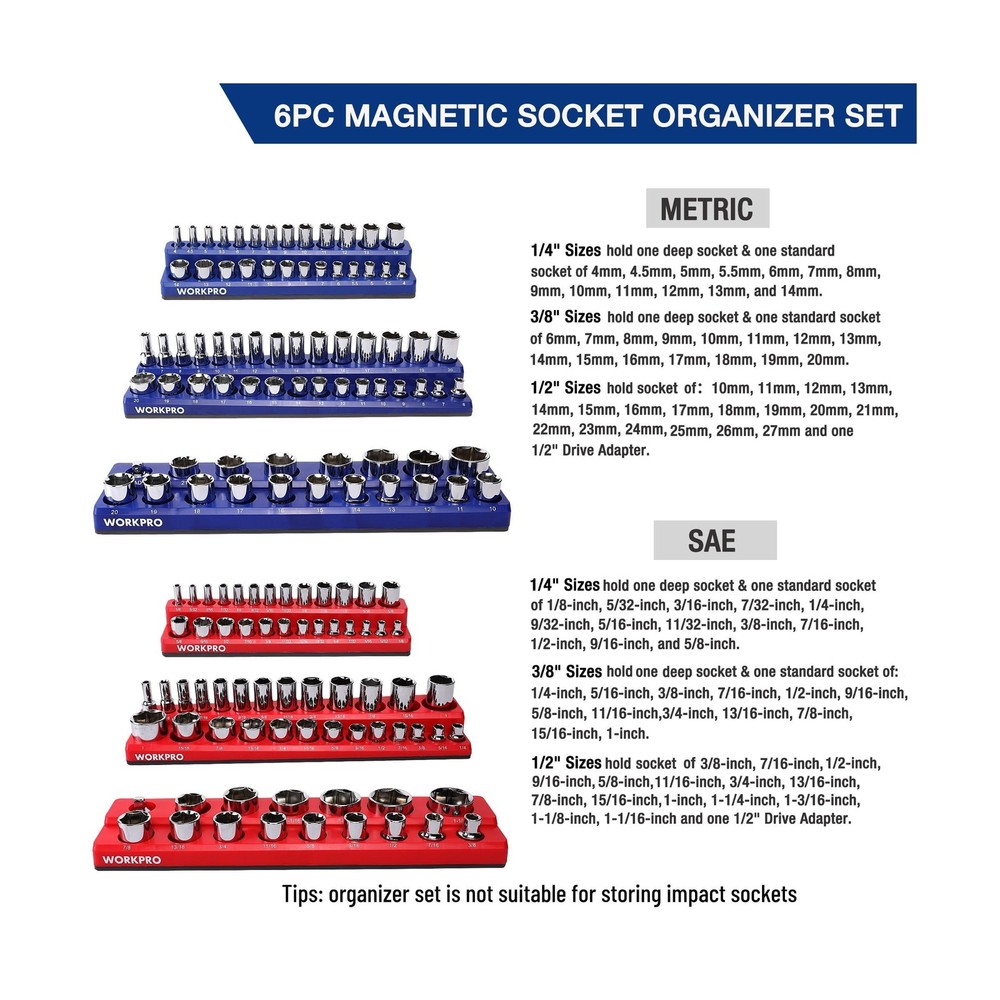 WORKPRO Magnetic Socket Organizer Set, 6-Piece Socket Holder Set Includes 1/4...