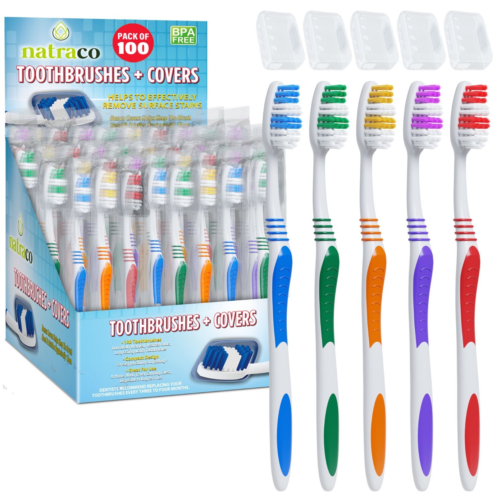 100 Bulk Toothbrushes + Caps, Individually Wrapped, Medium Soft "DAMAGED CARTON"