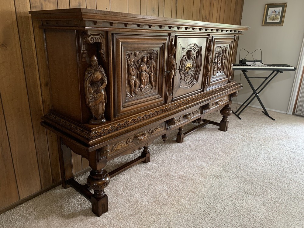 Antique Solid Oak French Gothic sideboard cabinet