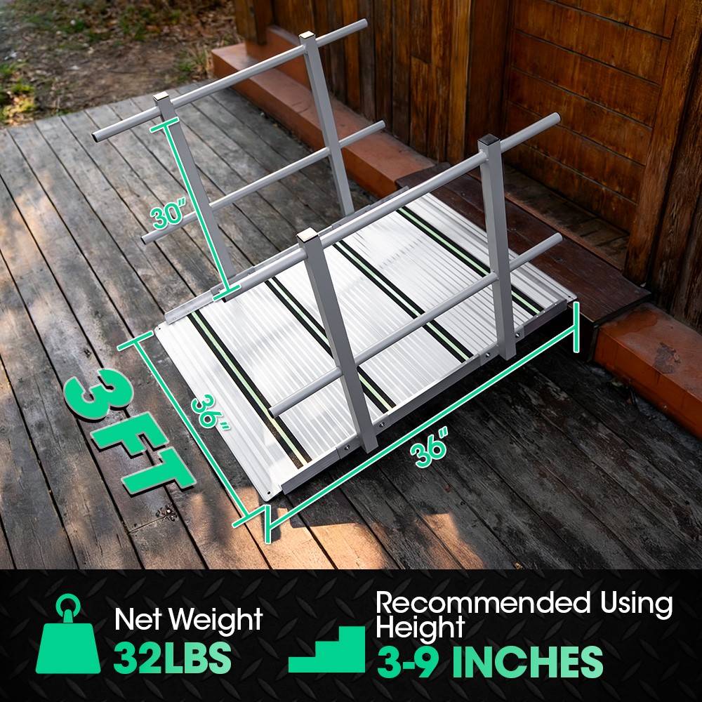 3FT Wheelchair Ramp with Handrails 36" Extra Wide Aluminum Threshold Ramp 800lbs