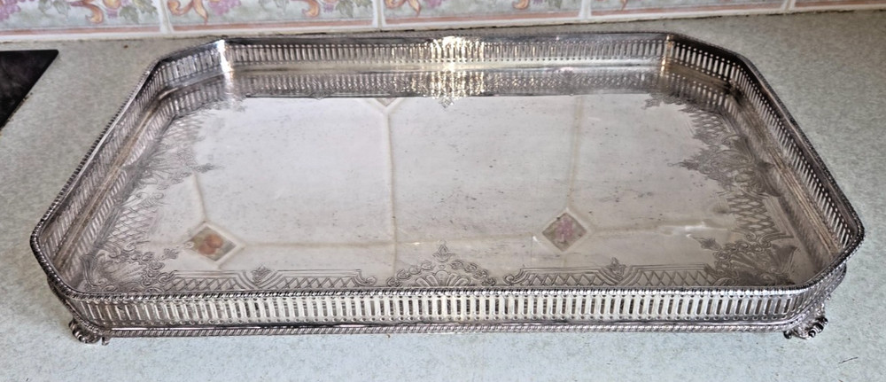 Vintage Heavy Sheffield Silver Plate Galleried Rectangular Footed TRAY Chased
