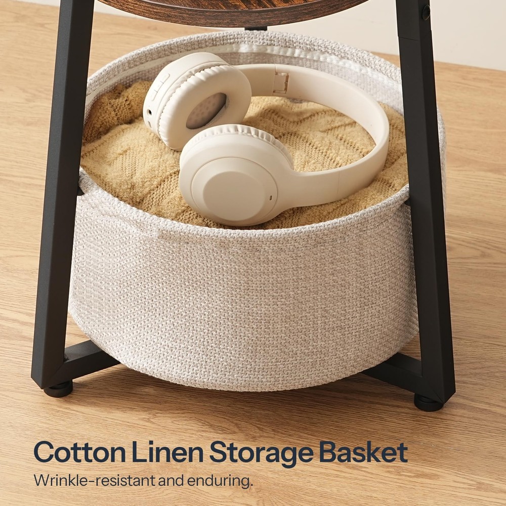 Small Round Side Table with Charging Station, Round End Table with Cotton Lin...