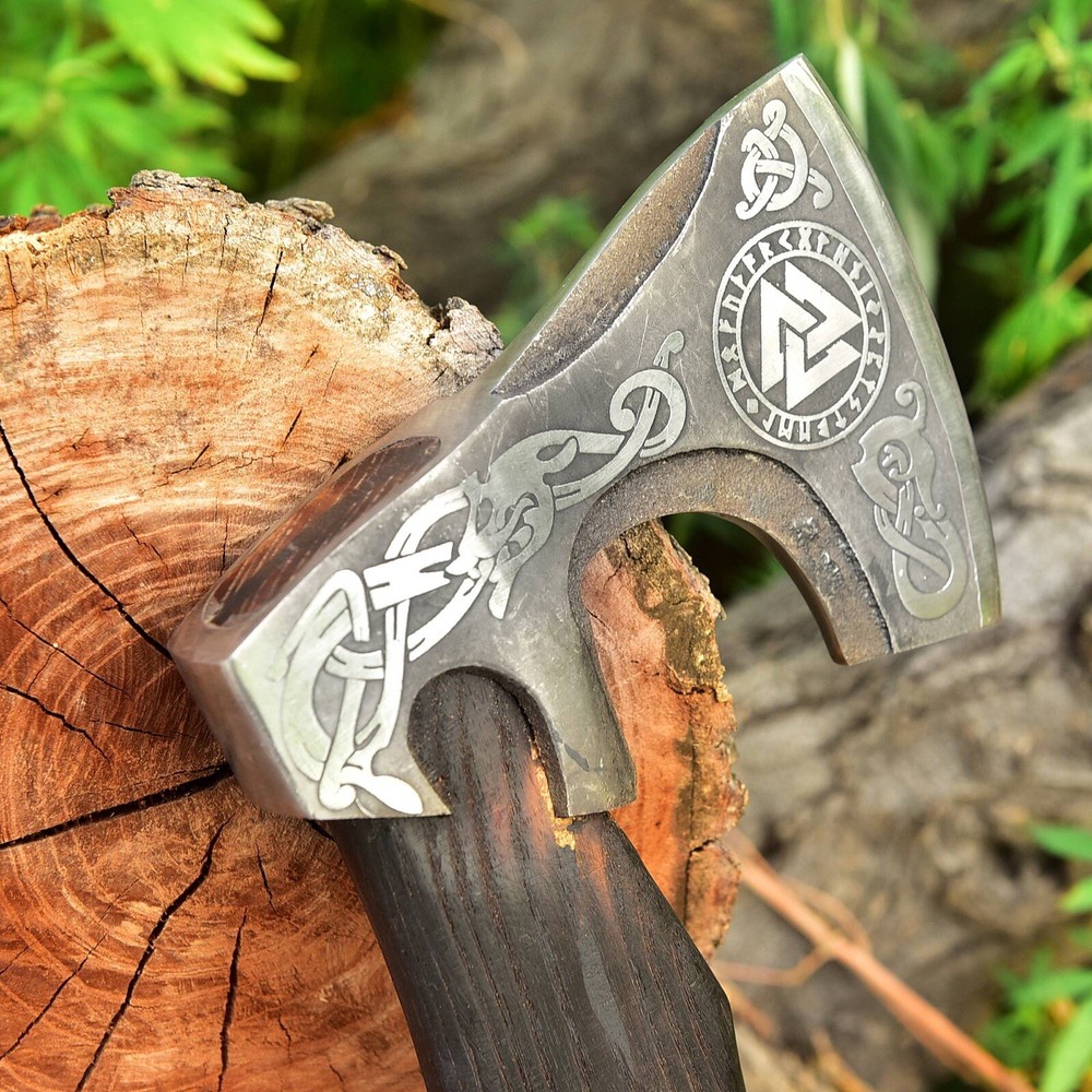 HANDMADE TOMAHAWK , HATCHET, AXE , INTEGRAL ENGRAVED HEAD LEATHER WRAP HANDLE