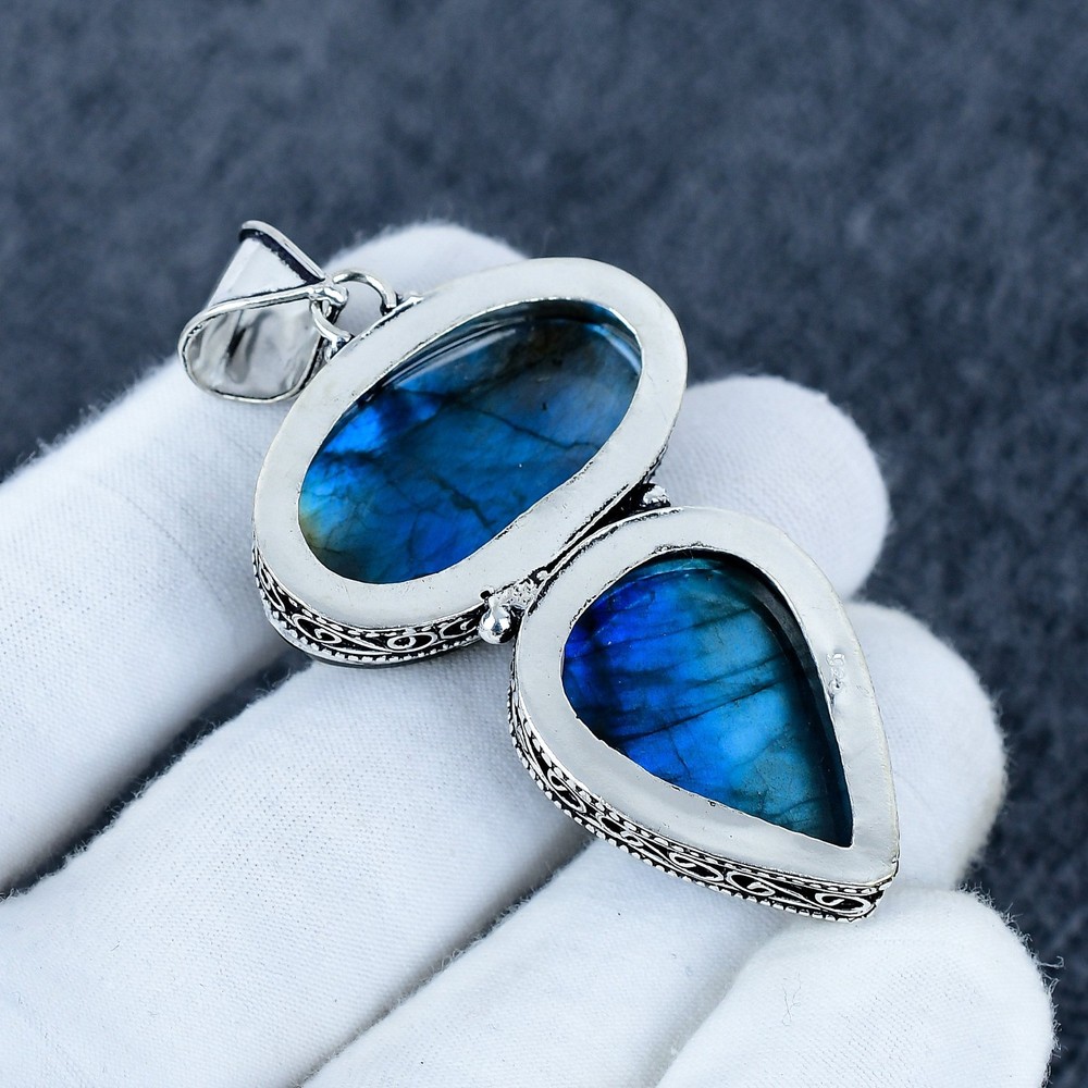 Handmade Double Labradorite 925 Sterling Silver Pendant, Boho Statement Gift